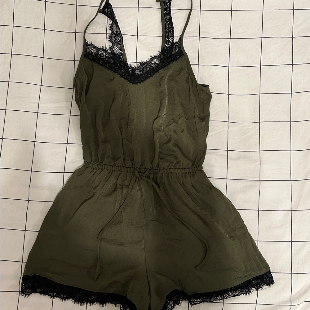 Hollister Olive Green Romper with Black Lace Trim